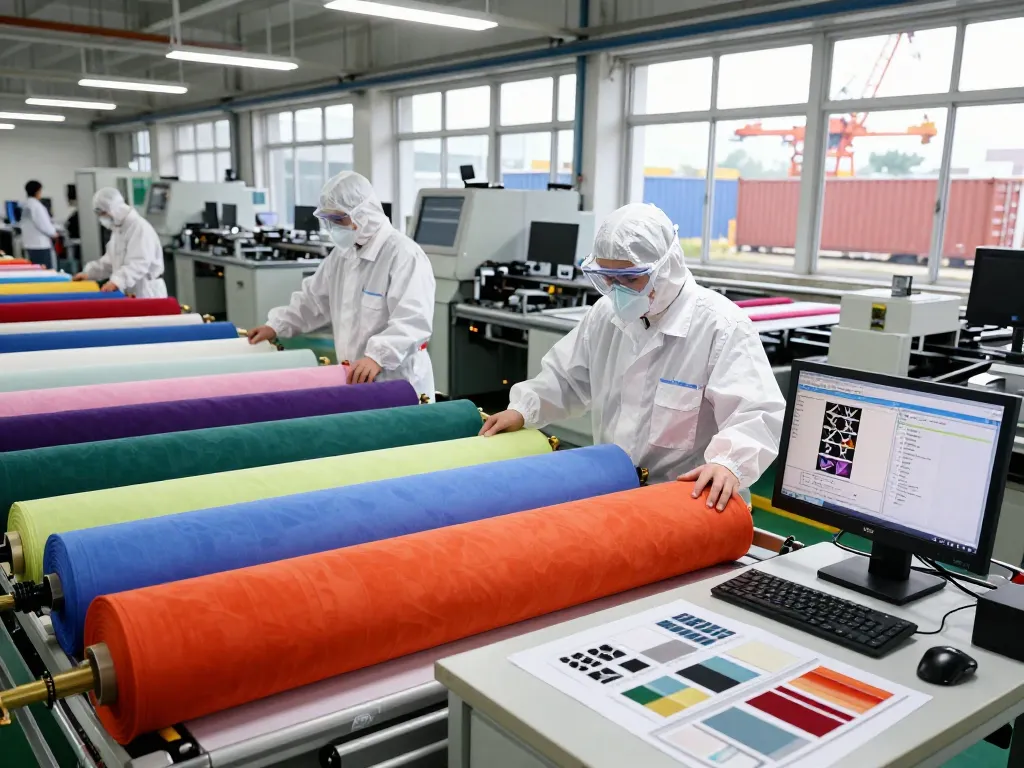 Sunwin textile production showcasing vibrant fabric rolls and innovative design processes in a bustling manufacturing facility