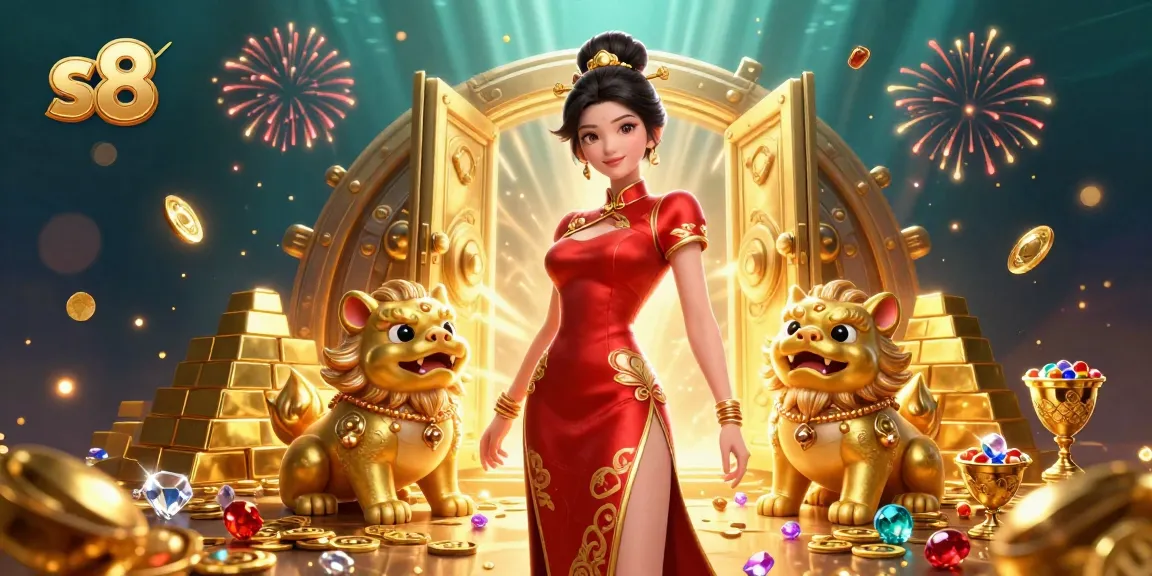 Experience the excitement of the s8 casino with a glamorous woman, golden guardians, and festive fireworks.