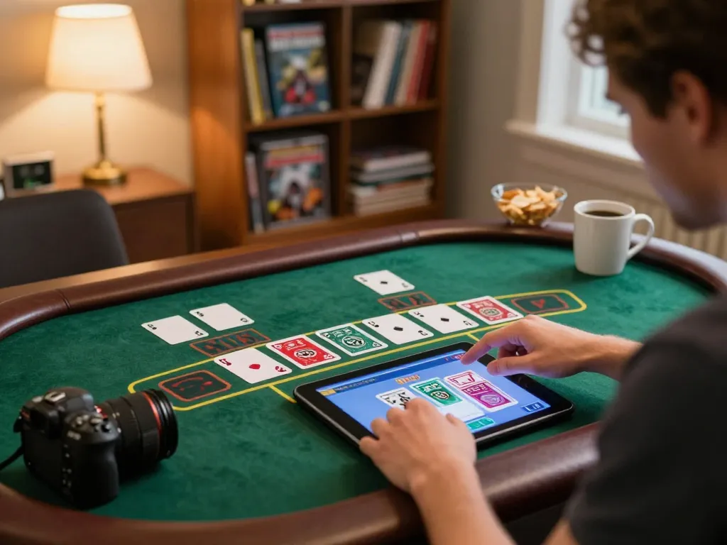 Player strategizing during an intense game at 68win casino on a tablet, showcasing a cozy online gambling scene.