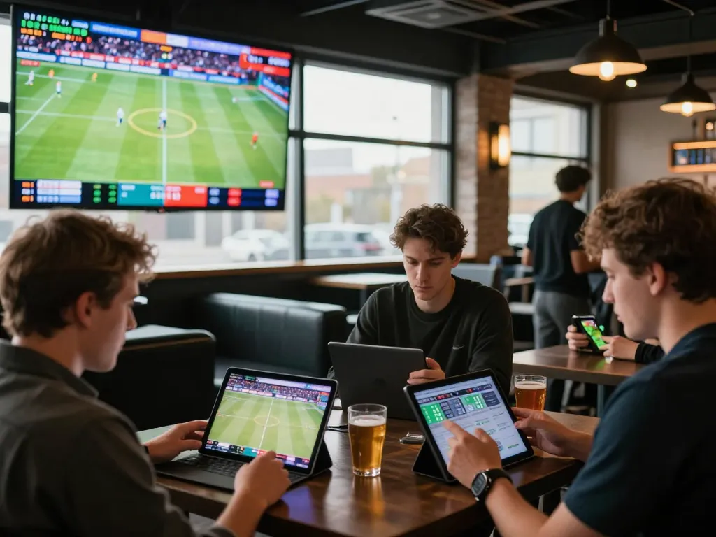 Engaged bettors using go8 sports app for live betting during a match in a modern sports bar.