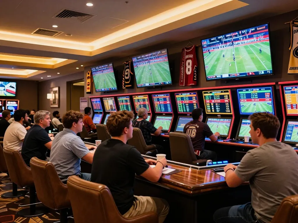 Fans placing bets in the vibrant sportsbook area of 79KING1 casino.