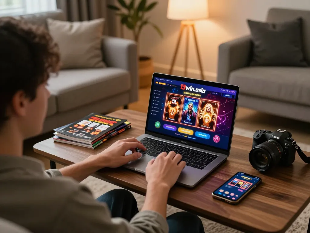 Playing at 13win-asia online casino with laptop in a cozy living room atmosphere.
