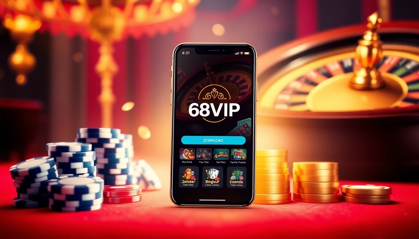 Tải App Nhà Cái 68VIP with a luxurious casino backdrop showcasing mobile gambling excitement