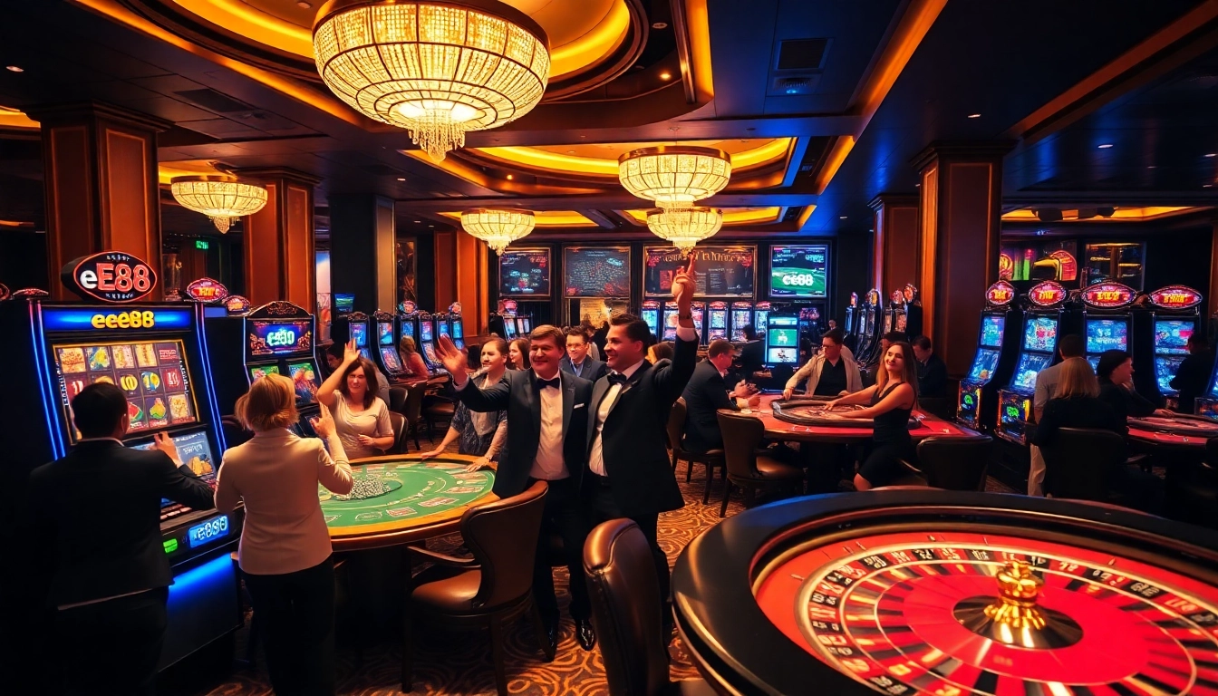 Experience the excitement of gambling at ee88 with vibrant casino visuals featuring slot machines and roulette tables.