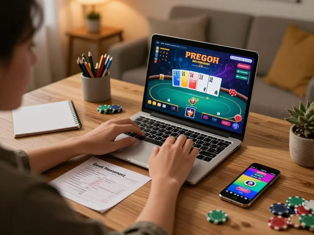 Engaging scene of online gambling at home with O8 HAIR, showcasing a poker game interface and strategic notes for better odds.