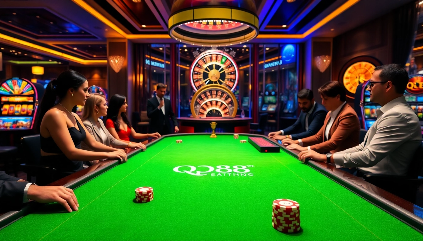 Players enjoy a thrilling game at a luxury QQ88 casino table, surrounded by vibrant gaming elements.
