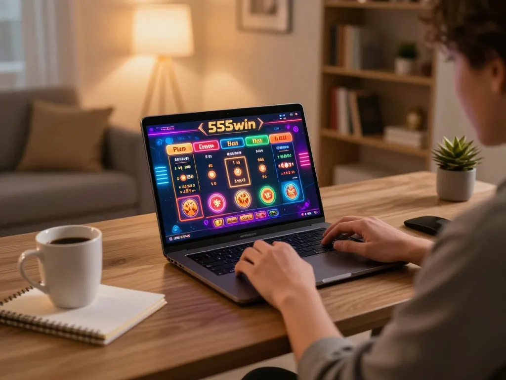 Player engaging with 555win interface on laptop in cozy home office setting