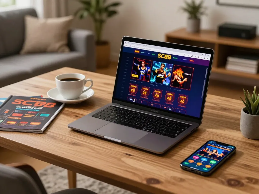 Players enjoying online gaming at SC88 with strategic tools and cozy setup