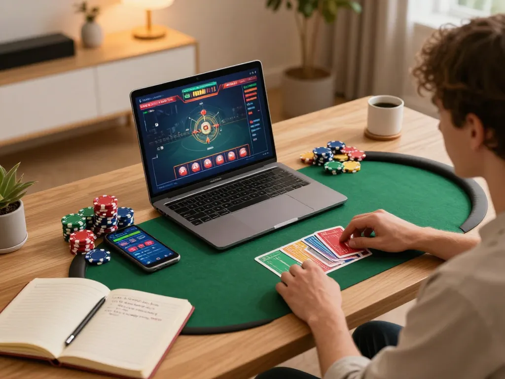 Engaging in online poker at 789WIN, showcasing strategic gameplay and cozy home setting