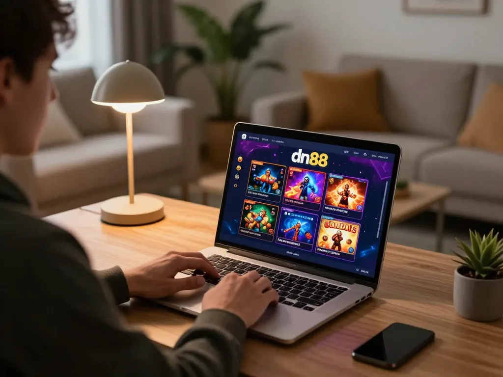 Engaged player using dn88 casino on laptop, showcasing online gaming interface and responsible gaming atmosphere.