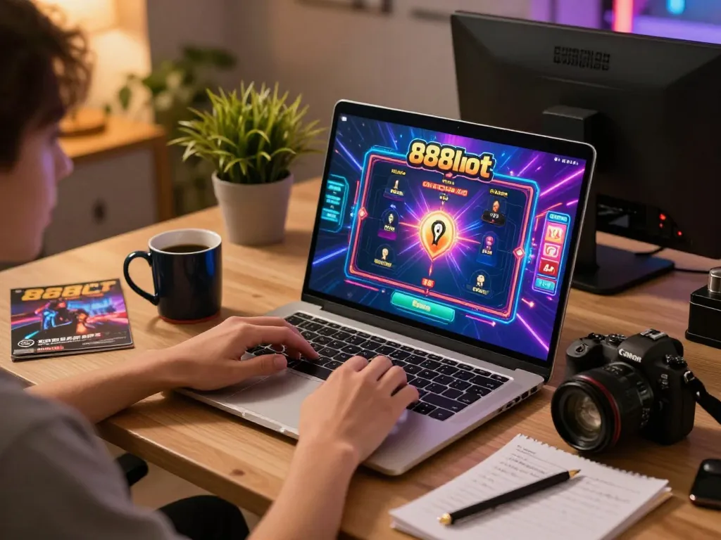 The 888slot game gameplay setup on a laptop, featuring focus on a home gaming environment with cozy lighting.