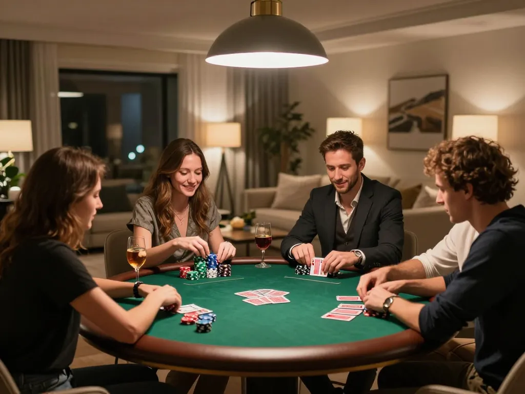 Players enjoy an engaging poker night at home, showcasing 888top's social gambling experience.