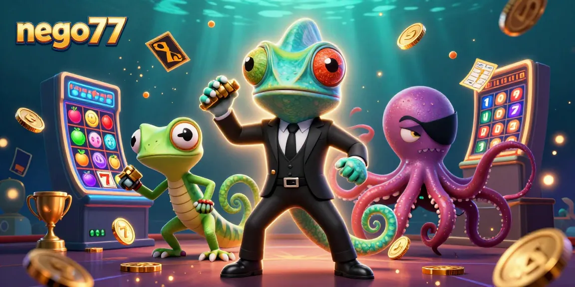 Nego77 delivers a vibrant casino scene with slots, fruits, and dynamic characters in an engaging atmosphere.