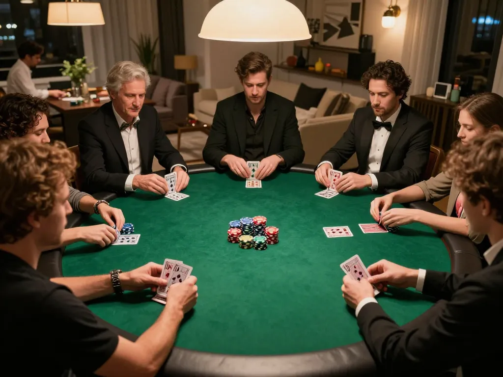 Engaging poker night scene at home, showcasing strategic gameplay tại 28BET among friends.