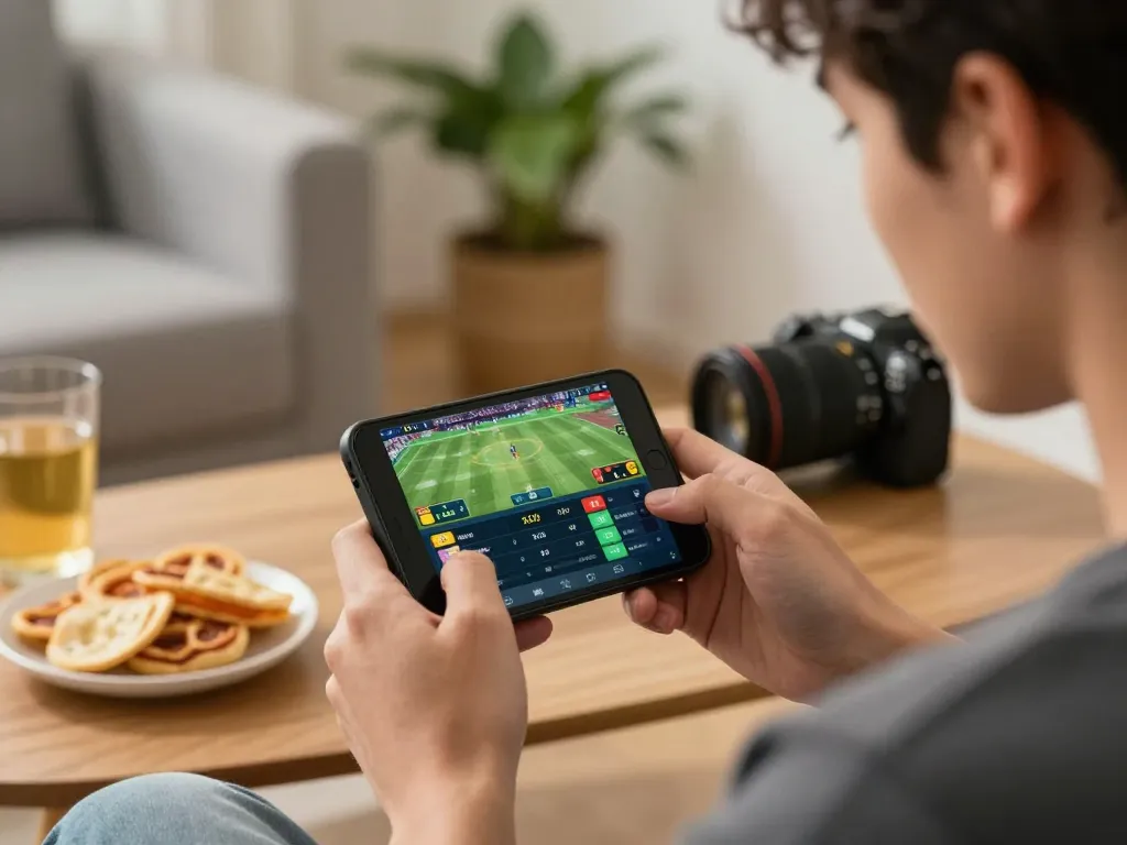 EK333 player strategizing sports bets on smartphone app amidst a cozy home setup.