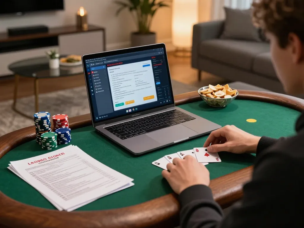 Engaging in a thrilling online poker session at 78WIN with strategic notes visible, highlighting responsible gambling.