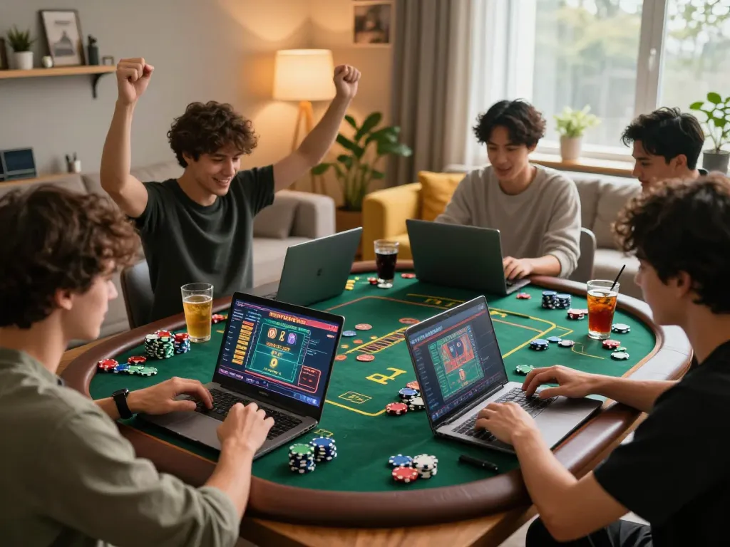 Playing real-time live dealer games online with friends in a cozy home setup.