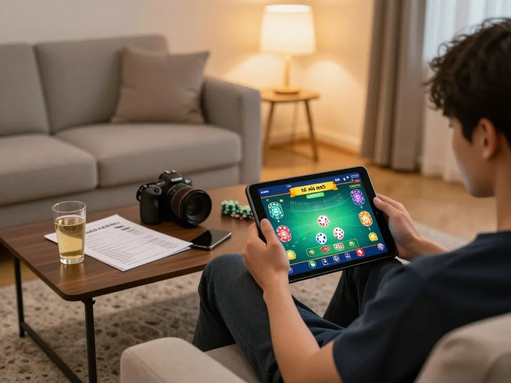 Player enjoying a tài xỉu md5 casino game on a tablet in a cozy living room, displaying gaming strategies.