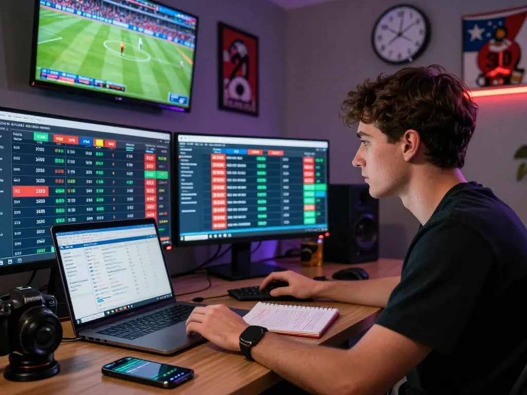 Exciting scene showing a young man analyzing kèo nhà cái hôm nay with live football match updates and betting odds.