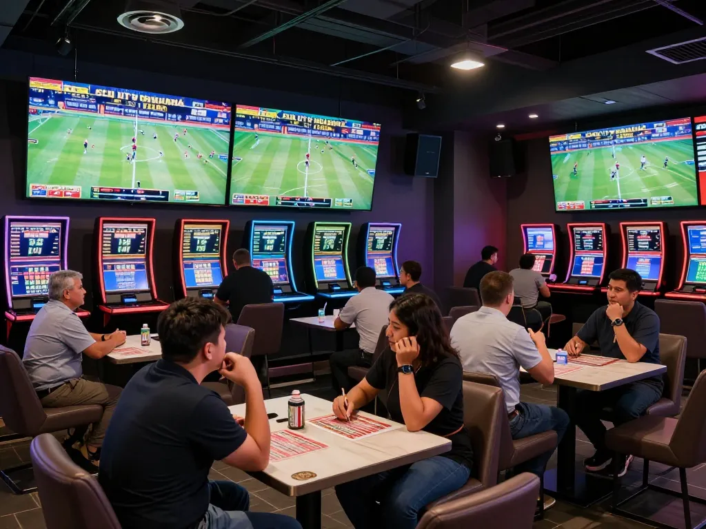 Engaged bettors analyze live sports on screens while placing bets at tg88's premium lounge.