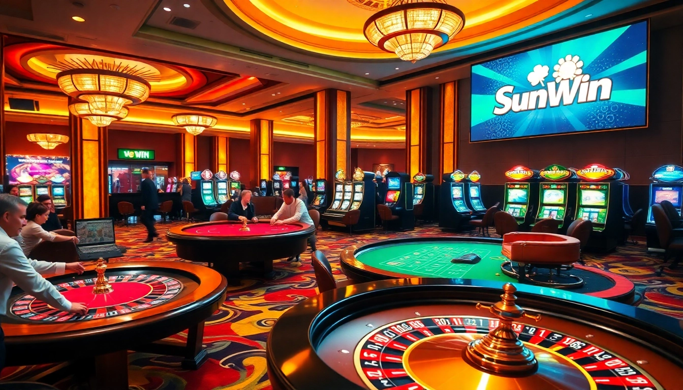 Players enjoying a thrilling experience at a luxurious Sun Win casino, filled with dynamic gambling activities.