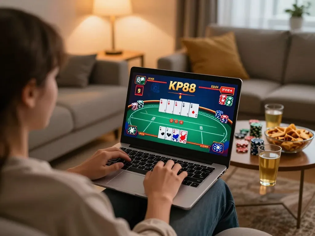 Engaging online gaming experience with KP88 displayed on laptop, cozy home atmosphere.