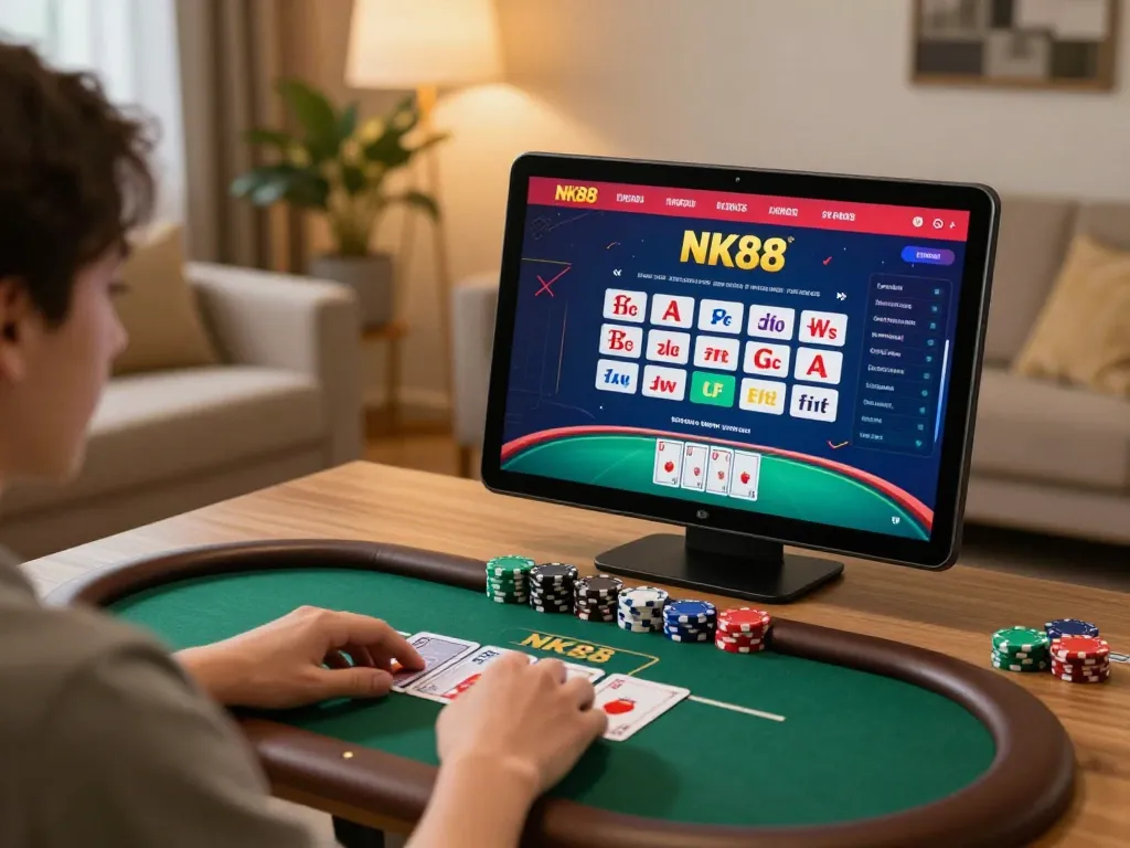 Engaging in NK88 online gaming with tablet in cozy living room setting, showcasing responsible gambling.
