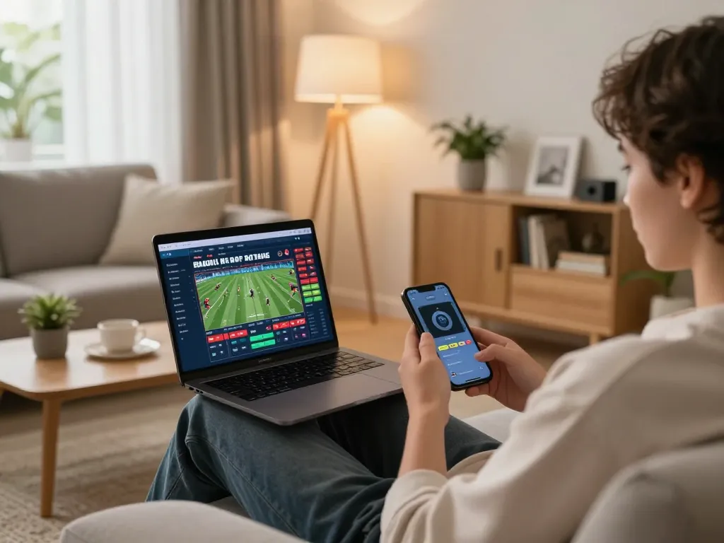 Engaging in mobile sports betting with vebo tv on a smartphone in a cozy living room setting.