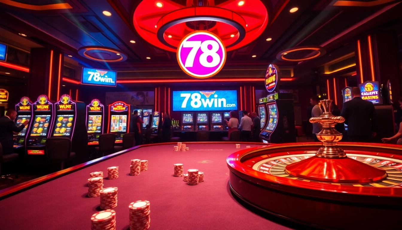 Experience thrilling gaming at 78win com, showcasing a luxurious casino atmosphere with vibrant card games and spinning slot machines.