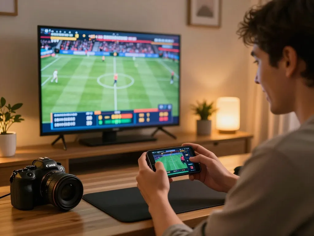 Excited user engages in live betting on f168 while watching sports on TV at home.