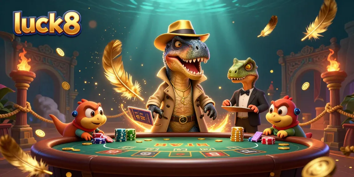 Experience luck8 excitement at a vibrant blackjack table with cartoon dinosaurs in a thrilling casino scene.
