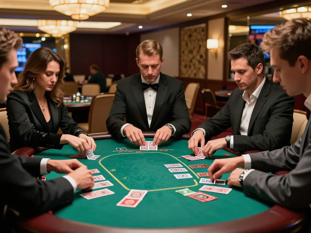 Fly88 trang chủ players engaging in strategic blackjack game at upscale casino.