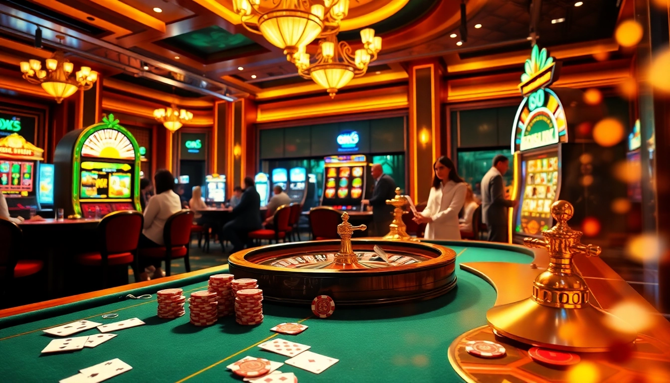 Experience the thrill of OK8386 with an elegant casino scene featuring gaming tables and vibrant lights.