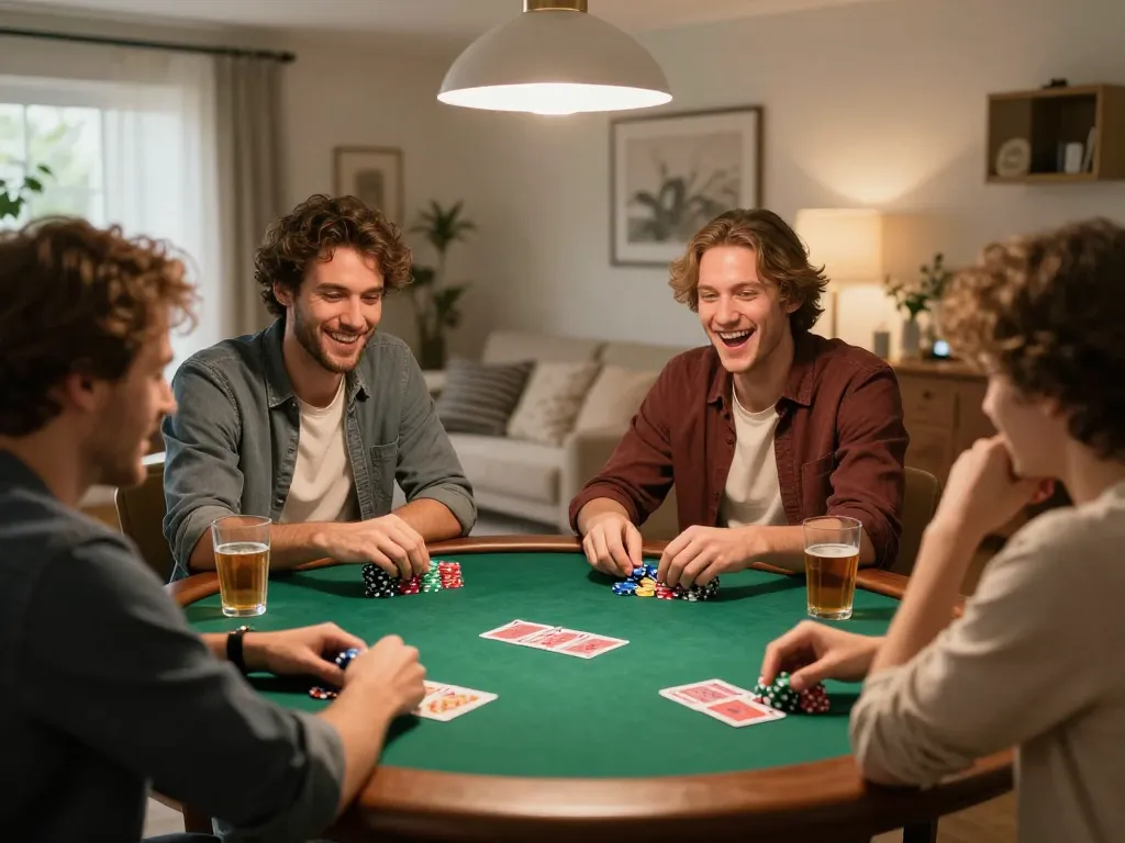 Friends playing poker at home while enjoying strategic gameplay and camaraderie, featuring n88.