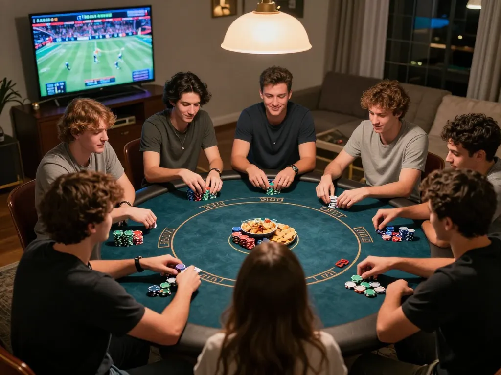 Bergabunglah dengan keseruan permainan poker di rumah bersama teman saat mereka bermain toto, suasana yang berwarna-warni dengan chip dan makanan ringan.