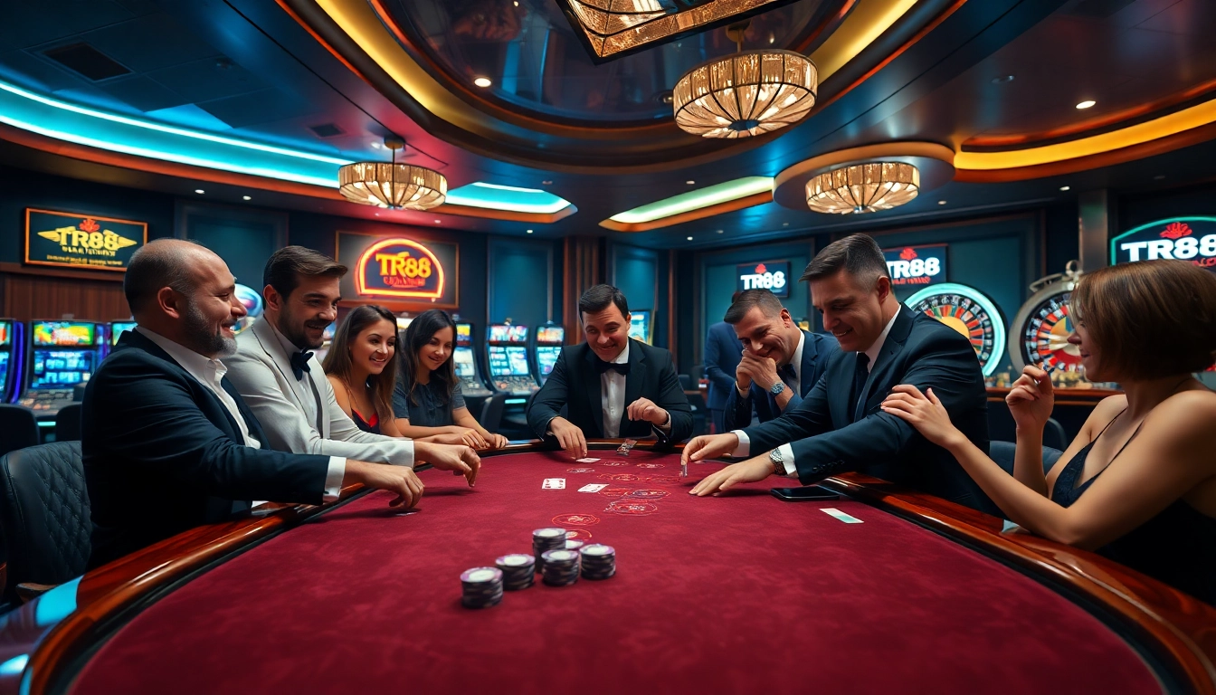 Players enjoying a thrilling game at TR88's upscale casino showcasing blackjack and roulette.