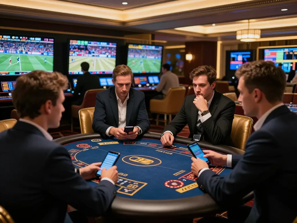 Fans placing strategic bets on jun88 while watching live sports in a luxurious casino lounge.