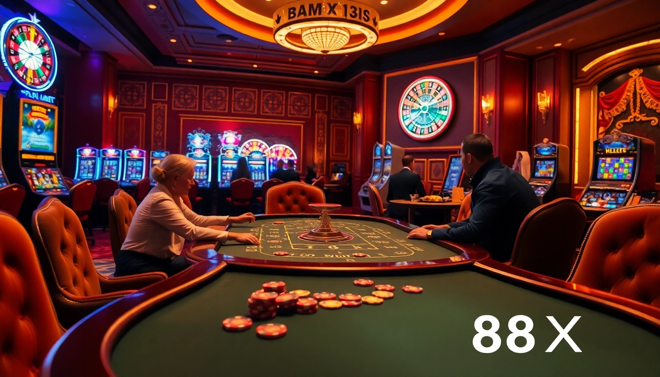 Players enjoy high-stakes poker at 88XX, surrounded by vibrant casino elements and thrilling atmosphere.