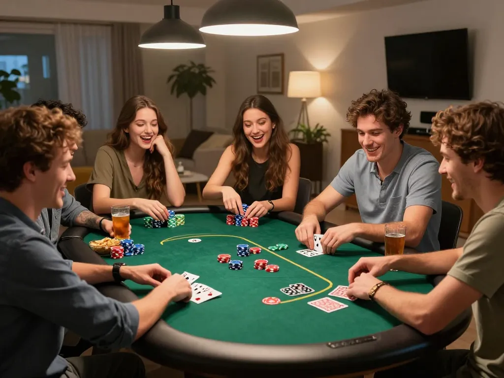 Friends playing poker at home while enjoying ALO8 ME gaming experience with chips and cards visible.