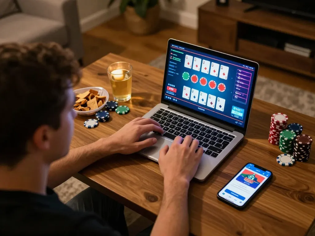 Player enjoying live dealer blackjack on KUWIN while managing bankroll in a cozy home setting