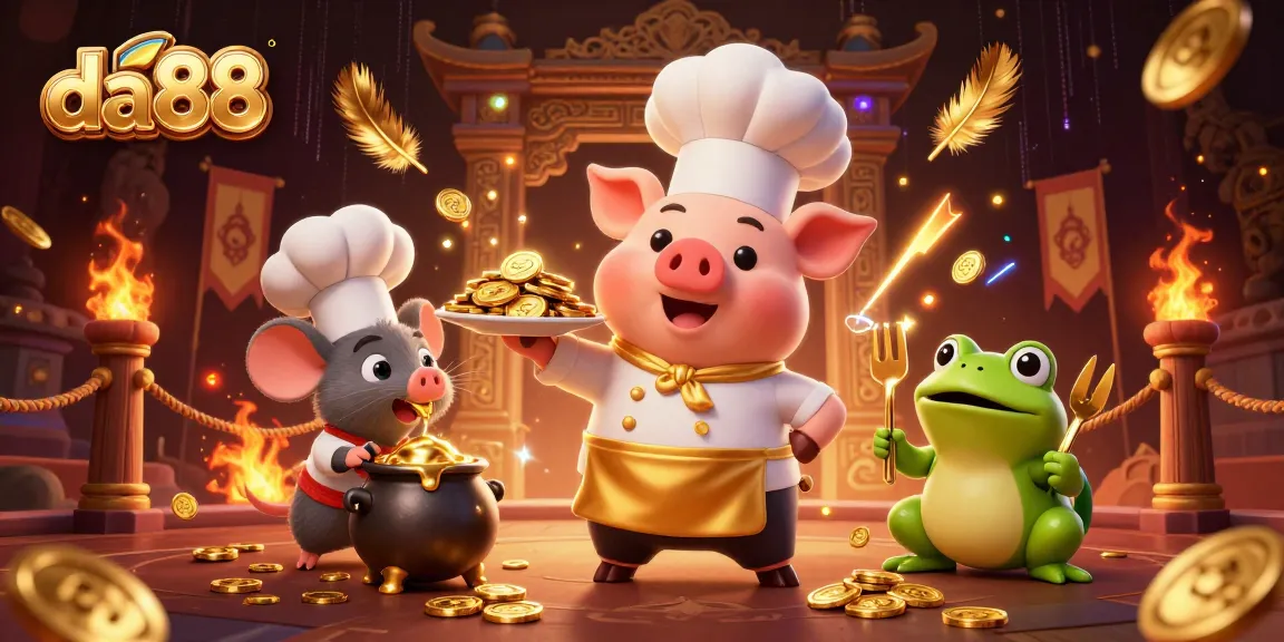 Experience the thrill of casino gaming with da88 as a chef pig serves gold coins while a mouse and frog enjoy the feast.