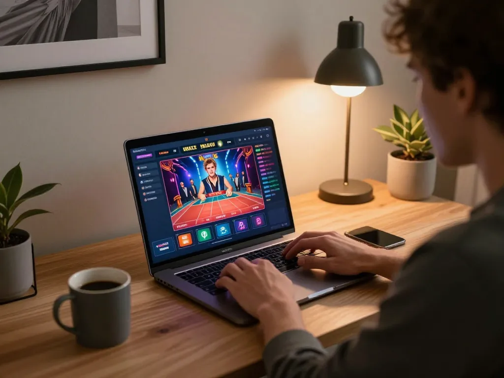 Player engaging in online gaming at home with OKFUN casino interface displayed on laptop, creating a vibrant and strategic atmosphere