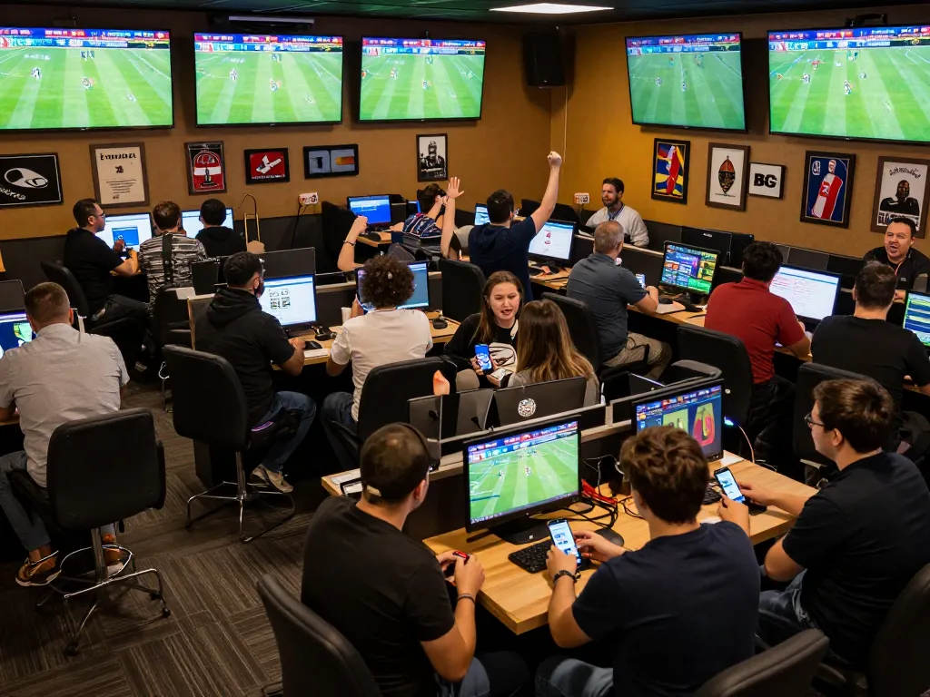 Engaging sports betting environment showcasing tỷ lệ kèo with fans cheering and using betting apps