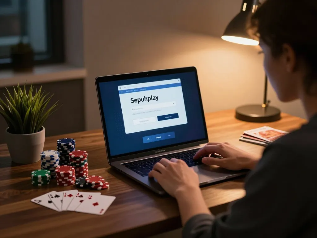 Bergabung dalam Sepuhplay login sambil mengelola chip poker di ruang kerja modern di rumah.