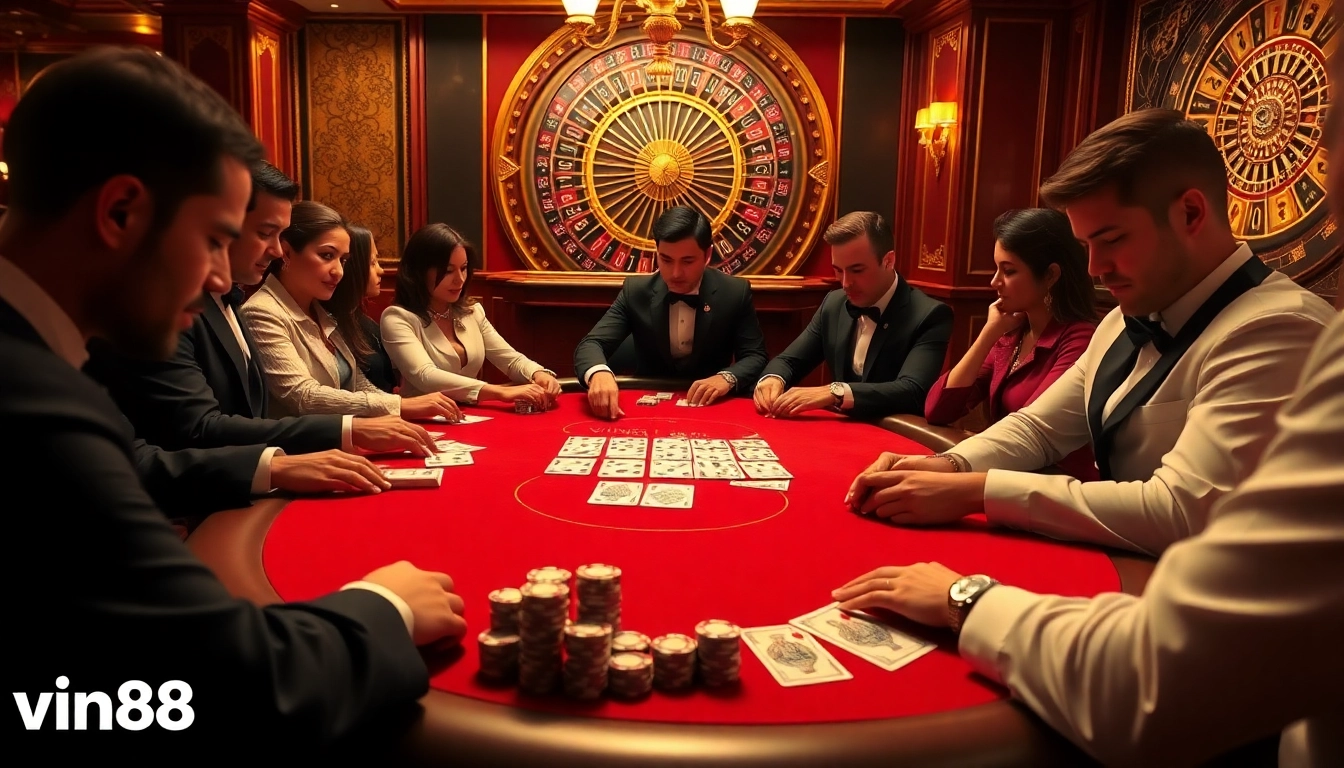 vin88 players engage with vibrant poker chips and cards at an elegant casino table