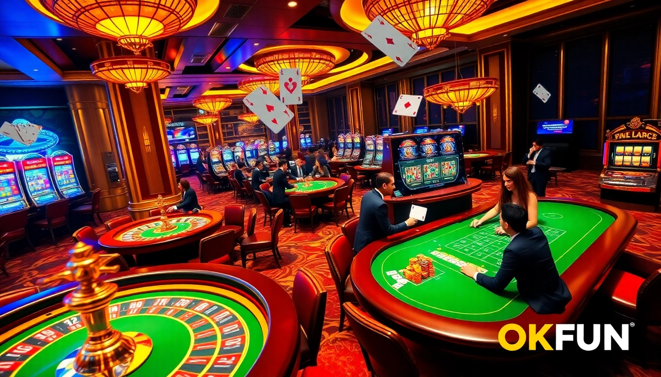 Experience thrilling gameplay at OKFUN casino with engaging live dealers and vibrant casino elements.