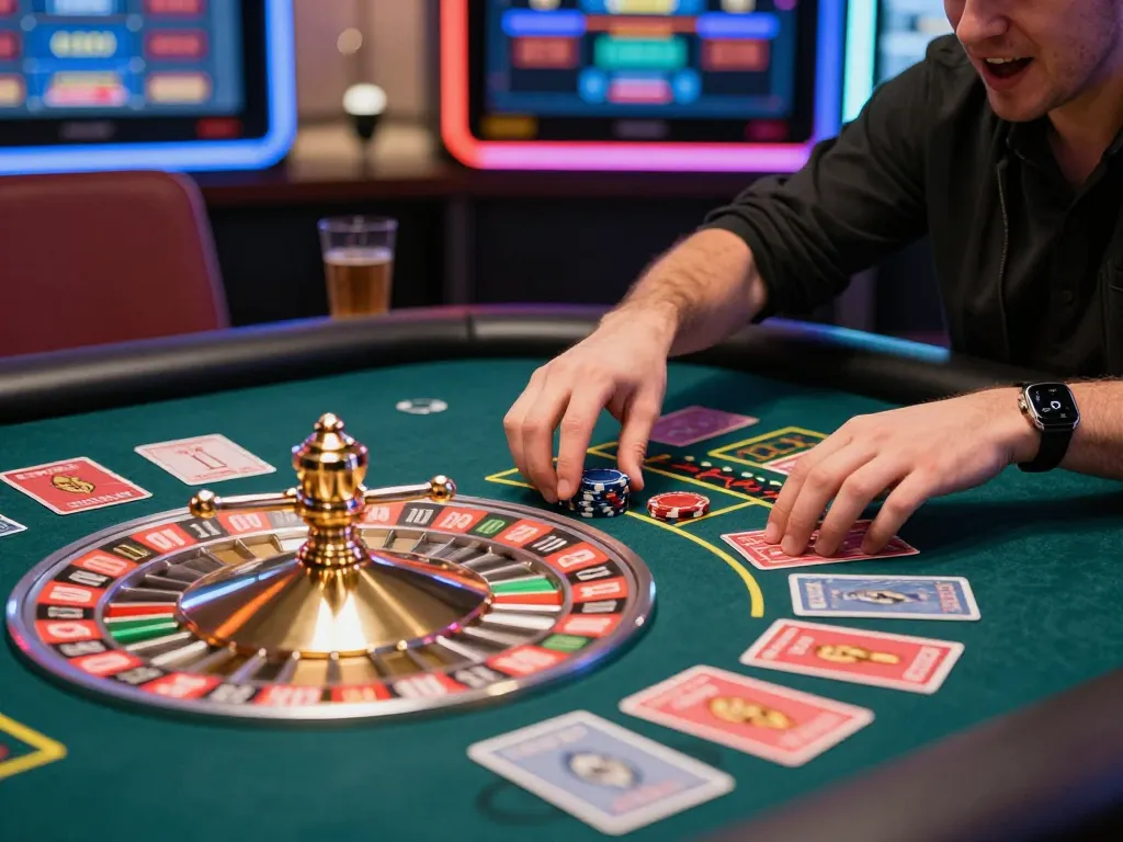 KAYA88 player joyfully betting on roulette while placing chips, capturing the thrill of online gambling