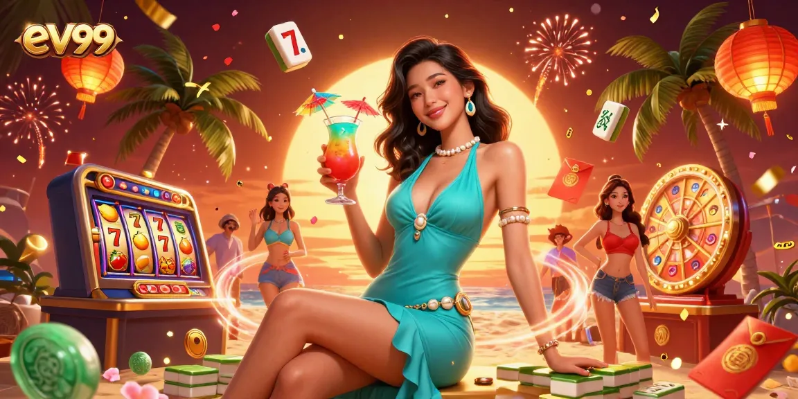 Engage with ev99's tropical casino vibes featuring a glamorous woman enjoying her cocktail amidst festive gaming elements.