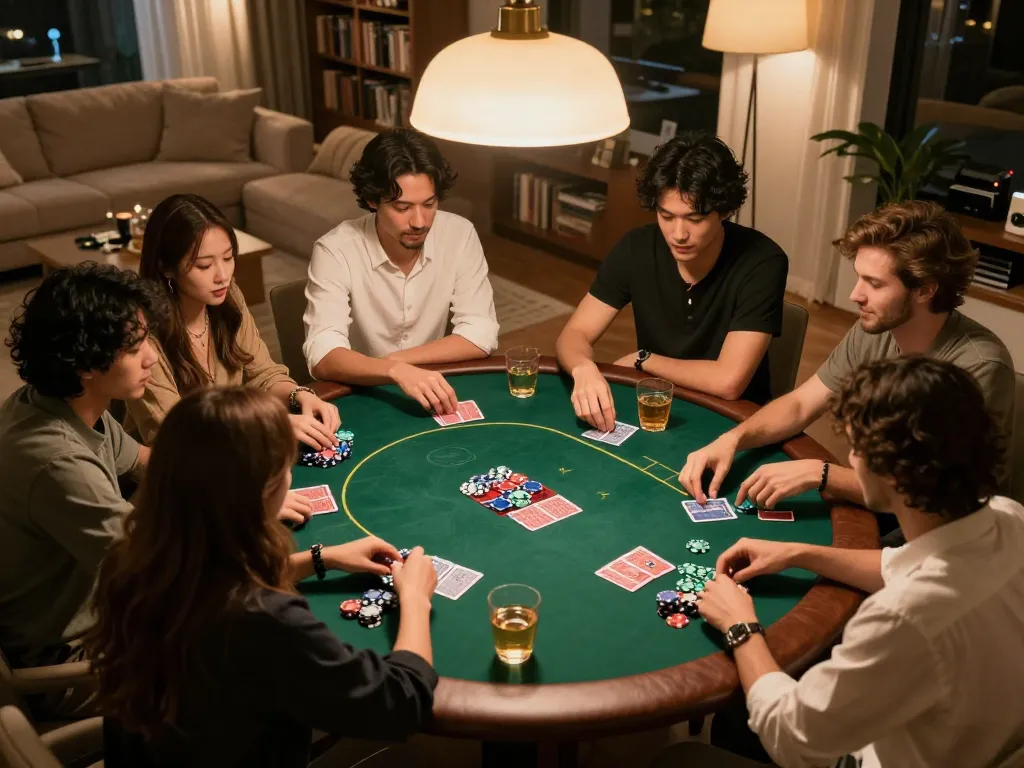 Twin68 friends enjoying an intense game of Texas Hold'em poker at home.