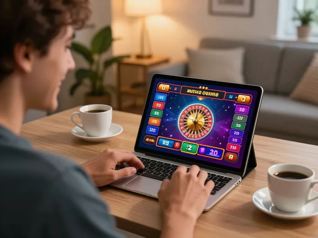 Excited player enjoying live dealer game at Trang chủ 123Win on a tablet in cozy home office